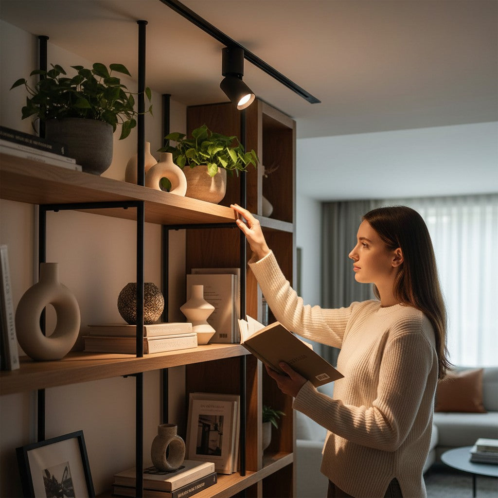 Femme utilisant un spot LED COB orientable Lumeoo pour éclairer une étagère en bois dans un salon moderne