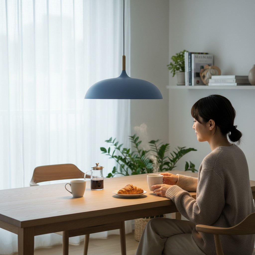 Suspension Lumeoo bleue au design scandinave minimaliste au-dessus d'une table en bois avec une femme prenant son café Image
