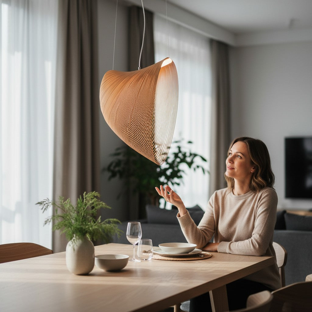 Femme admirant une suspension Lumeoo en bois naturel aux lignes organiques au-dessus d'une table de salle à manger