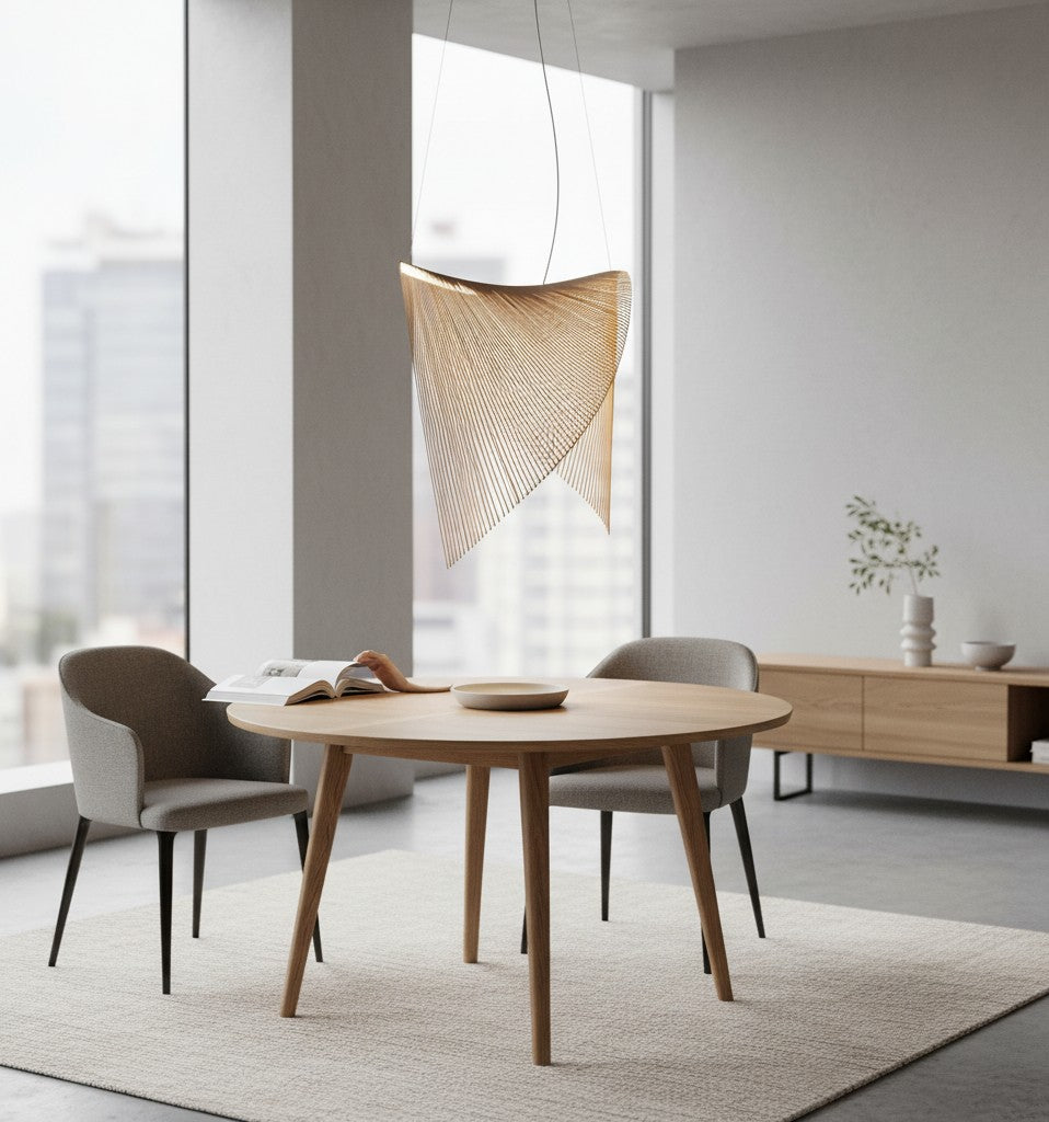 Suspension Lumeoo en bois naturel au design organique et épuré, installée au-dessus d'une table de salle à manger moderne.
