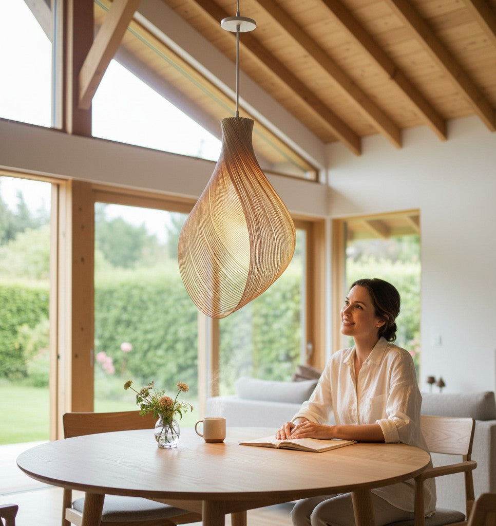 Suspension Lumeoo en bois naturel aux lignes organiques suspendue au-dessus d'une table dans une salle à manger lumineuse