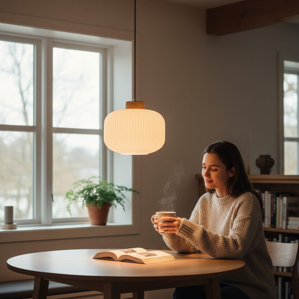 Suspension Lumeoo en bois et verre blanc diffusant une lumière douce au-dessus d'une femme lisant dans une chambre Image