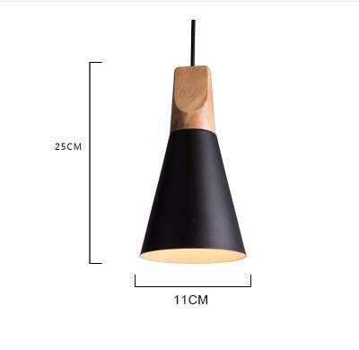 Suspension conique Lumeoo en aluminium noir et bois clair, style scandinave épuré avec dimensions indiquées