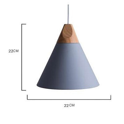 Suspension conique Lumeoo en aluminium gris et bois naturel au design scandinave épuré avec dimensions indiquées
