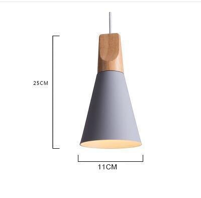 Suspension conique Lumeoo en aluminium gris et bois clair au design scandinave épuré avec dimensions indiquées