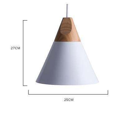 Suspension conique Lumeoo en aluminium blanc et bois naturel au design scandinave épuré avec dimensions indiquées