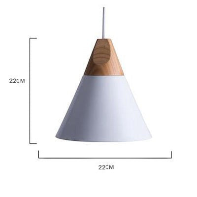 Suspension conique Lumeoo en aluminium blanc et bois naturel, style scandinave épuré avec dimensions indiquées