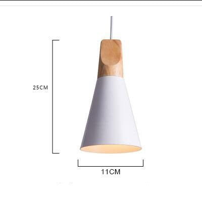 Suspension conique Lumeoo en aluminium blanc et bois clair au design scandinave épuré avec dimensions indiquées