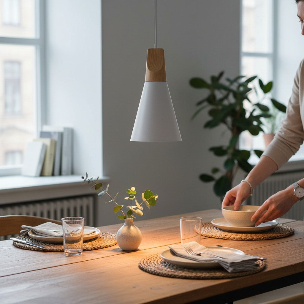 Suspension conique Lumeoo en aluminium blanc et bois clair au-dessus d'une table à manger scandinave