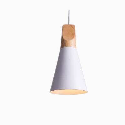 Suspension conique Lumeoo en aluminium blanc et bois clair au design scandinave épuré avec dimensions indiquées
