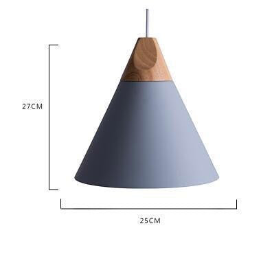 Suspension conique Lumeoo en aluminium gris et bois clair au design scandinave épuré avec dimensions indiquées