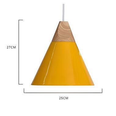 Suspension conique Lumeoo jaune en aluminium et bois au design scandinave épuré avec dimensions indiquées