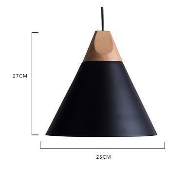 Suspension conique Lumeoo en aluminium noir et bois clair au design scandinave épuré avec dimensions indiquées