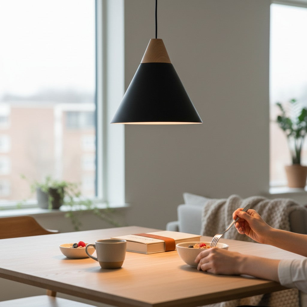 Suspension conique Lumeoo noire et bois au-dessus d'une table à manger dans un intérieur scandinave lumineux