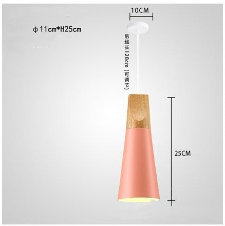 Suspension conique Lumeoo en aluminium rose et bois clair au design scandinave épuré avec dimensions techniques