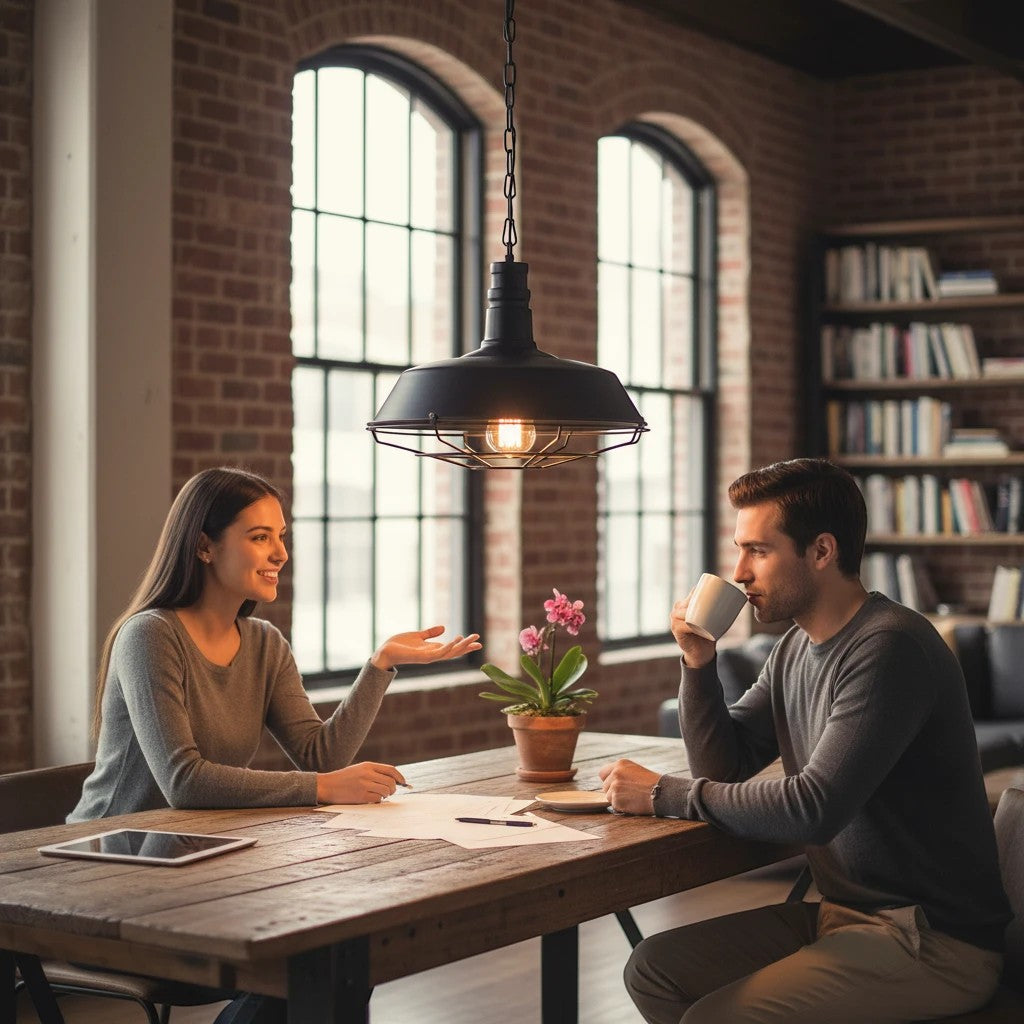 Suspension industrielle noire Lumeoo au-dessus d'un couple discutant autour d'une table en bois dans un loft rétro.