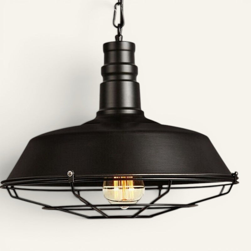 Suspension Lumeoo industrielle noire en métal avec grille de protection et ampoule vintage apparente