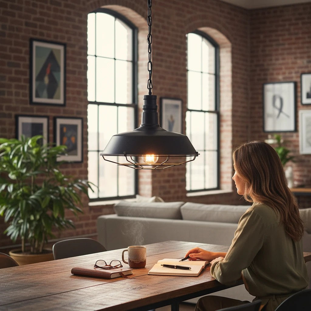 Suspension industrielle noire Lumeoo au-dessus d'une table en bois dans un salon au style loft avec briques apparentes