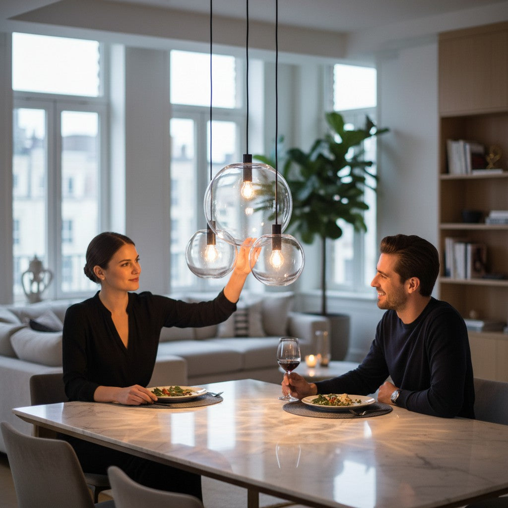 Suspension luminaire boule en verre Lumeoo au-dessus d'une table de salle à manger avec un couple dînant