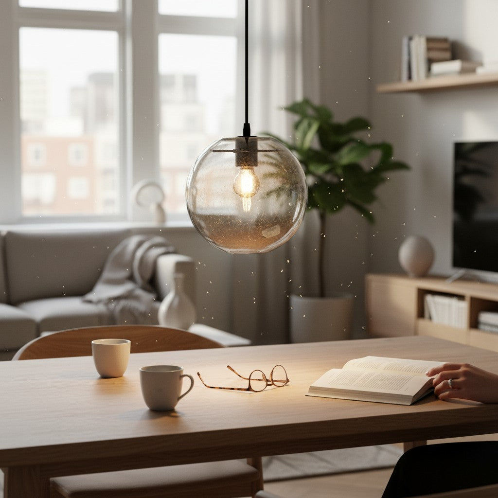Suspension luminaire boule en verre Lumeoo au-dessus d'une table en bois dans un salon lumineux et chaleureux