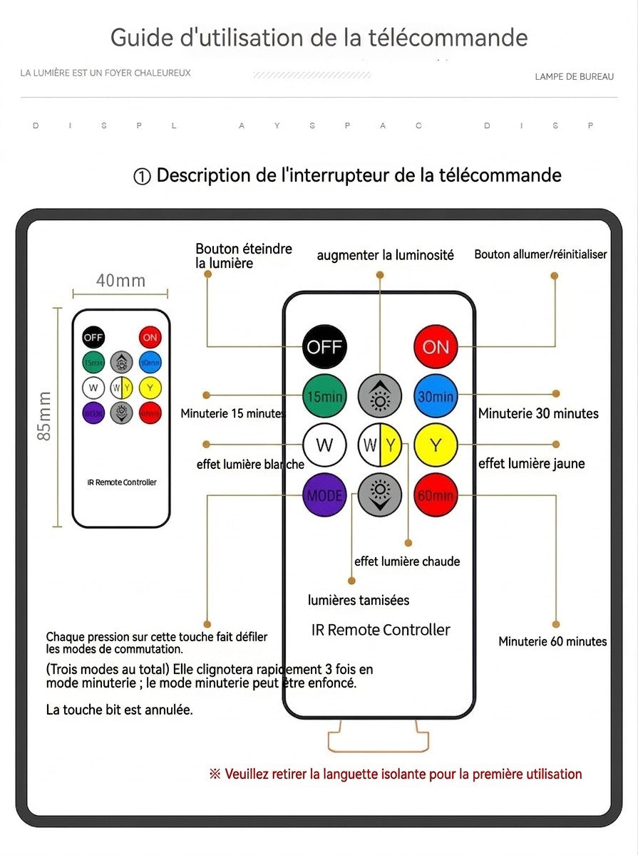 Guide d'utilisation de la télécommande Lumeoo pour lampe de chevet LED avec réglages de luminosité et minuterie