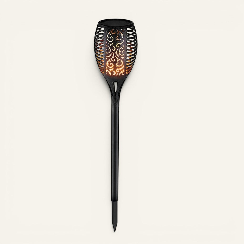Torche solaire LED Lumeoo noire avec motifs ajourés pour éclairage décoratif de jardin et allées