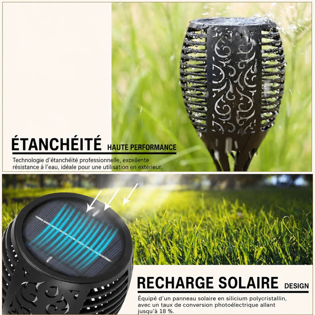 Torche solaire LED Lumeoo noire avec motifs ajourés, résistante à l'eau, idéale pour éclairage décoratif de jardin.