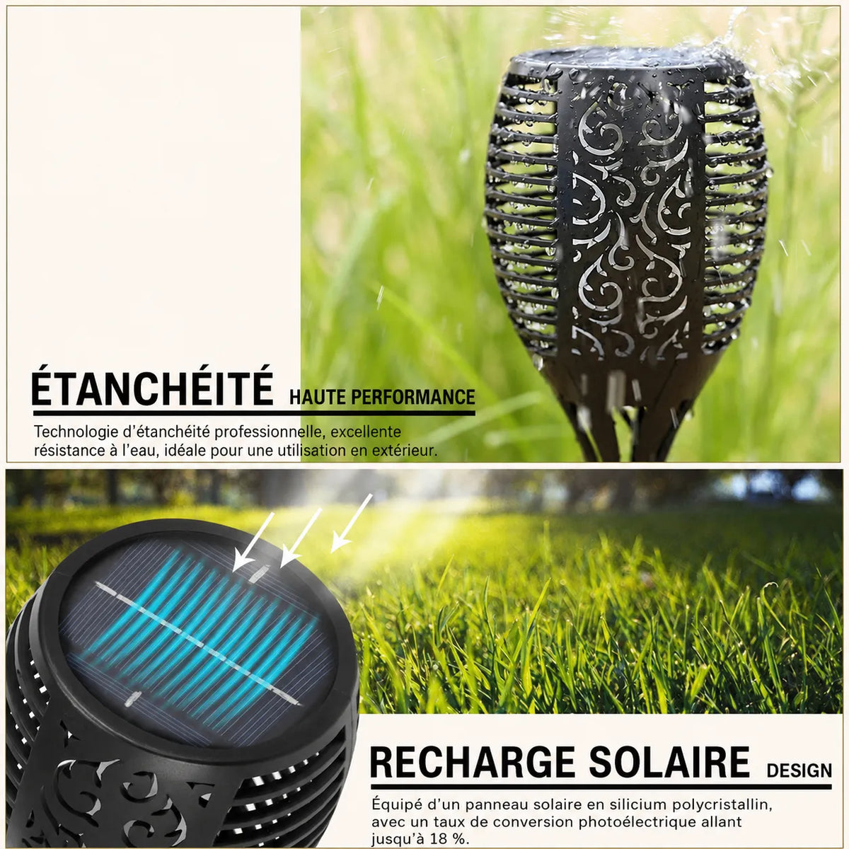 Torche solaire LED Lumeoo noire avec motifs ajourés, résistante à l'eau, idéale pour éclairage décoratif de jardin.