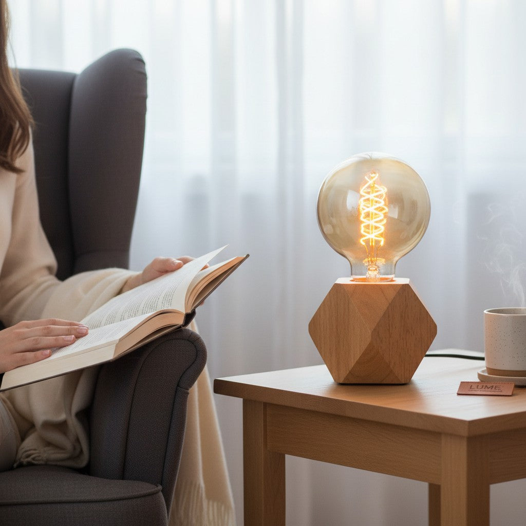 Veilleuse Lumeoo avec ampoule vintage à filament sur socle en bois géométrique posée sur une table près d'un fauteuil