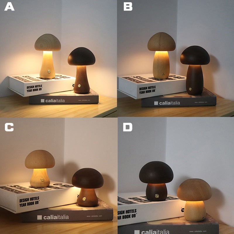Veilleuse champignon Lumeoo en bois tactile et rechargeable, diffusant une lumière LED chaude pour chambre d'enfant.