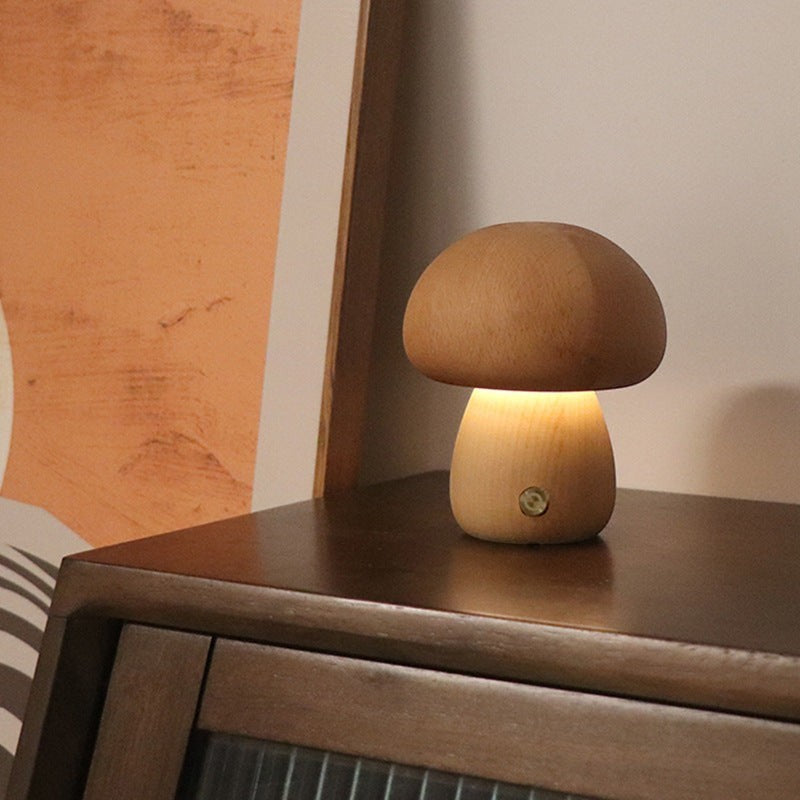 Veilleuse champignon Lumeoo en bois naturel avec éclairage LED tactile rechargeable pour chambre d'enfant