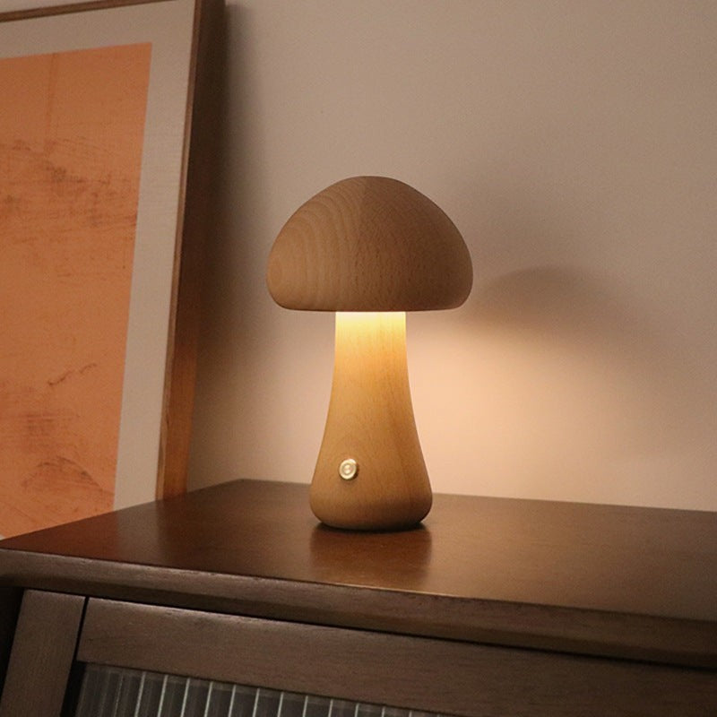 Veilleuse champignon Lumeoo en bois clair avec éclairage LED tactile rechargeable pour chambre d'enfant