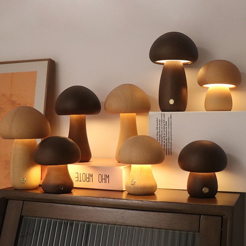 Veilleuses champignon Lumeoo en bois clair et foncé, lampes LED tactiles rechargeables pour chambre d'enfant