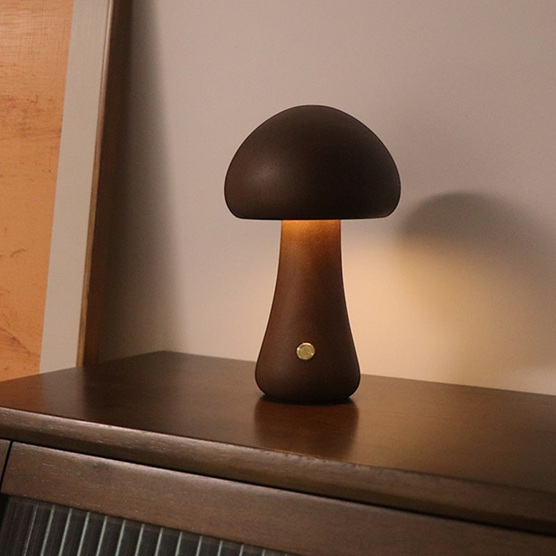 Veilleuse champignon Lumeoo en bois marron avec éclairage LED tactile rechargeable pour chambre d'enfant