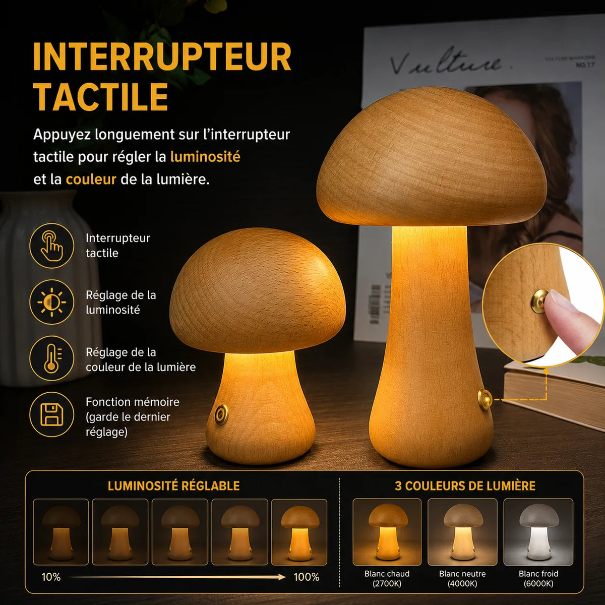 Veilleuse champignon Lumeoo en bois avec interrupteur tactile, rechargeable par USB, lumière chaude pour chambre enfant