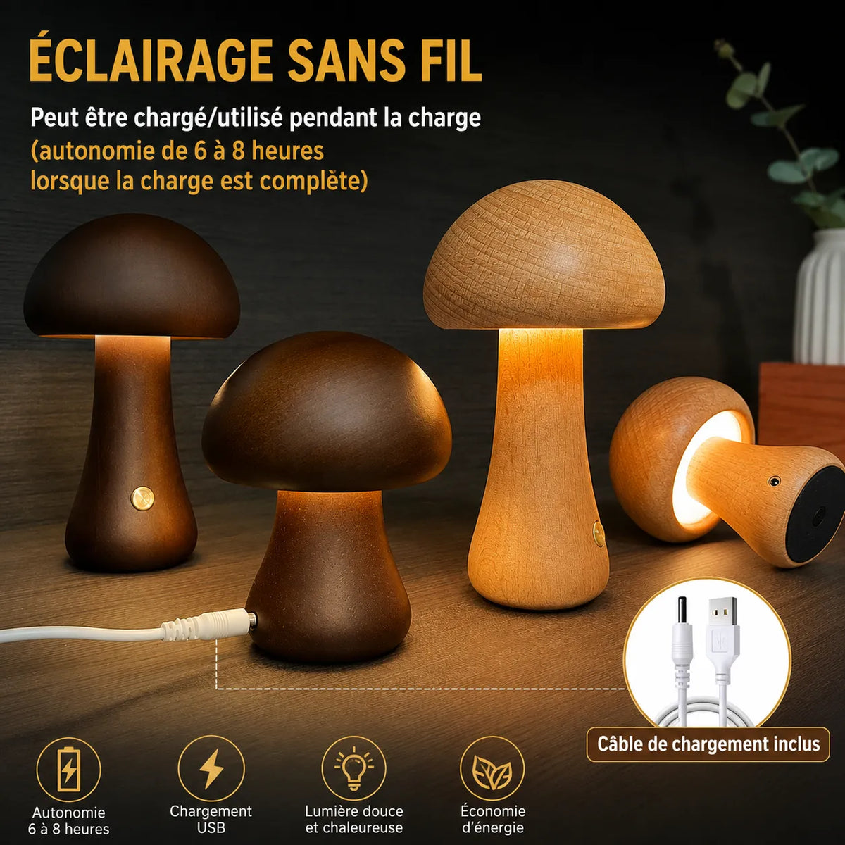 Veilleuse champignon Lumeoo en bois avec interrupteur tactile, rechargeable par USB, lumière chaude pour chambre enfant