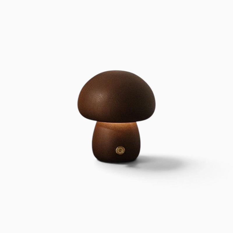 Veilleuse champignon Lumeoo en bois marron foncé avec éclairage LED tactile rechargeable pour chambre d'enfant