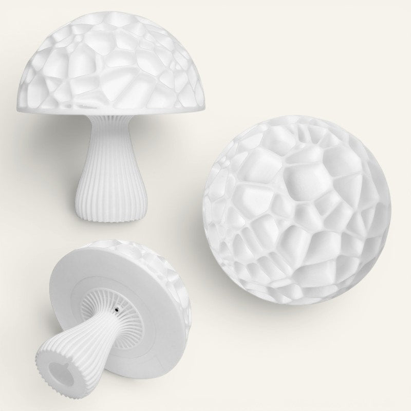 Veilleuse champignon LED 3D blanche Lumeoo rechargeable USB au design texturé moderne pour une ambiance apaisante.