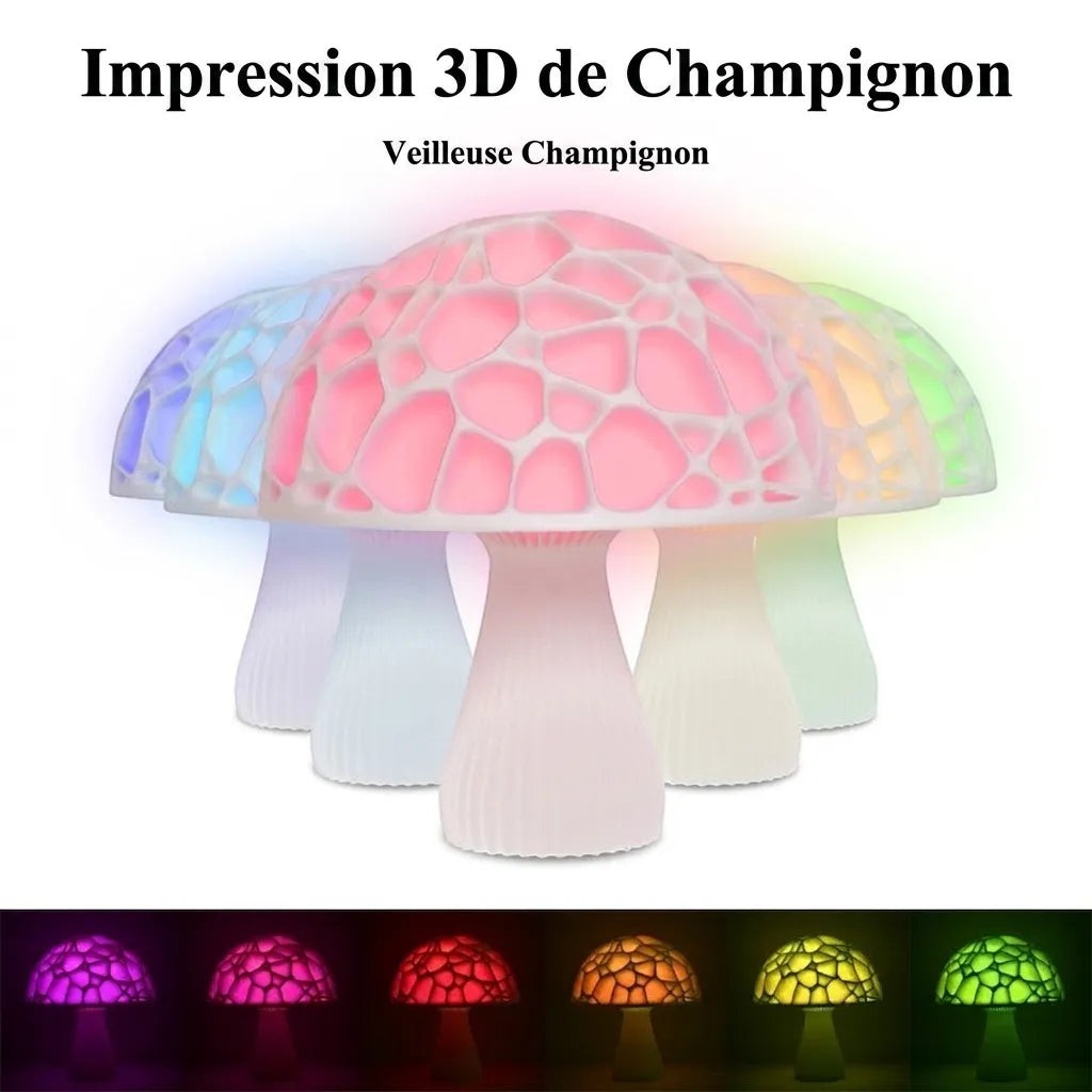 Veilleuse champignon Lumeoo en impression 3D avec éclairage LED multicolore diffusant une lumière douce et apaisante