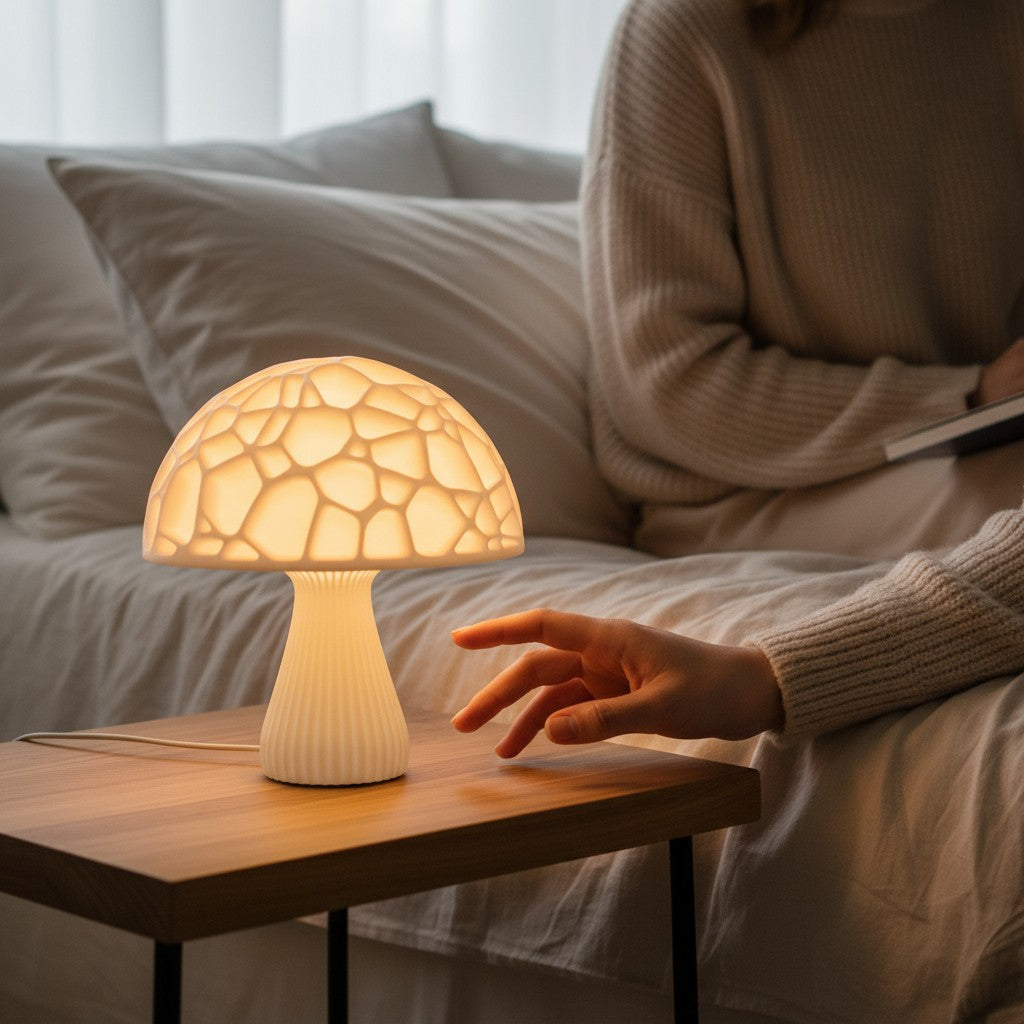 Veilleuse champignon LED 3D Lumeoo blanche à motifs géométriques sur une table de chevet dans une chambre cosy