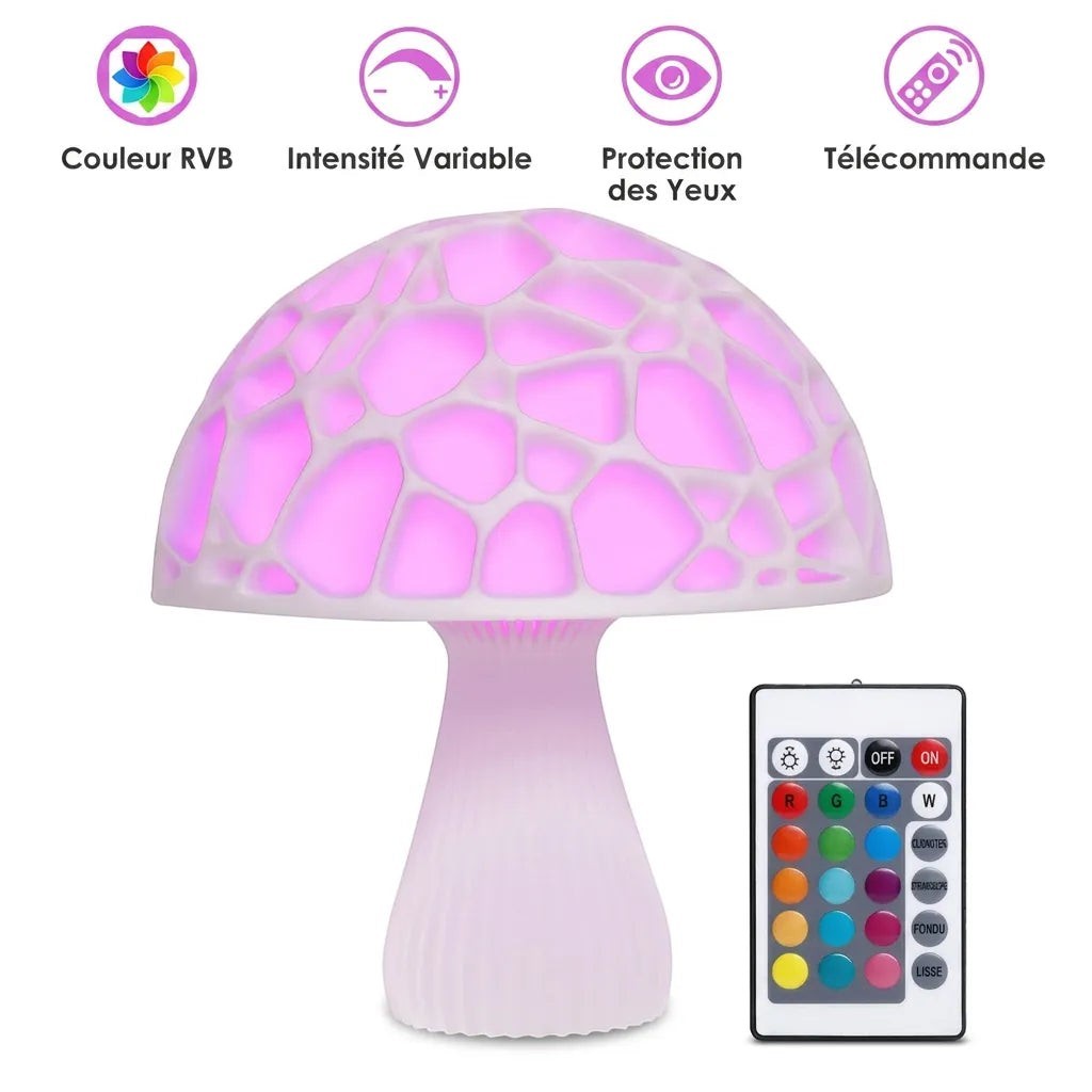Veilleuse champignon LED 3D Lumeoo avec télécommande, couleurs RVB changeantes et intensité réglable pour chambre