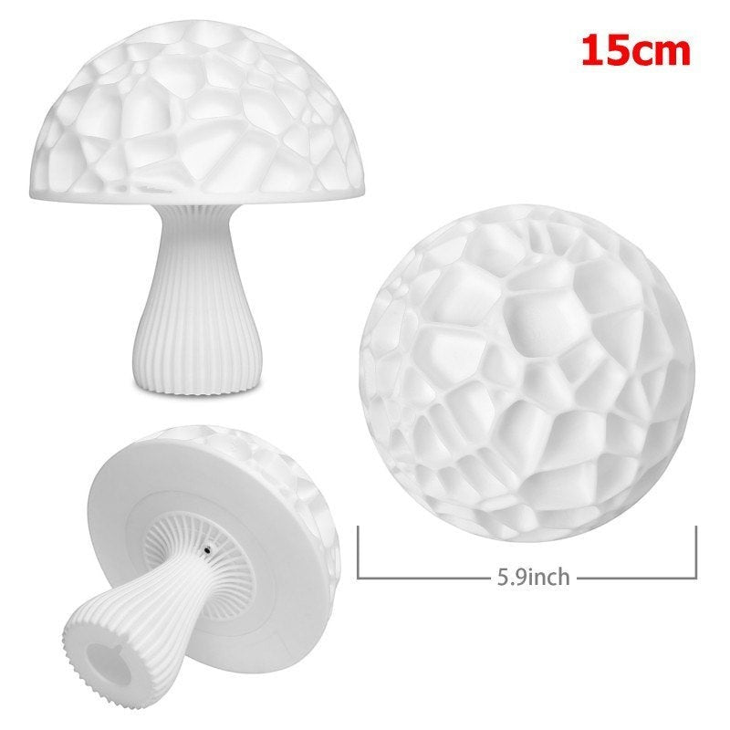 Veilleuse champignon LED 3D Lumeoo blanche avec texture géométrique, rechargeable par USB, vue sous plusieurs angles