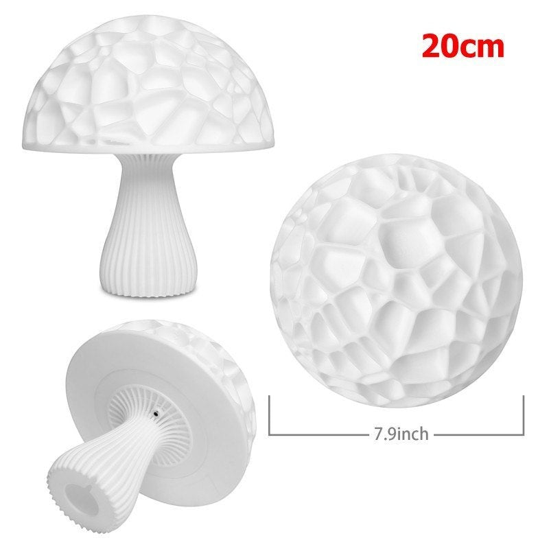 Veilleuse champignon LED 3D blanche Lumeoo avec texture géométrique, rechargeable par USB, design moderne et apaisant