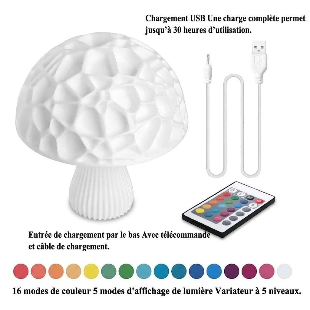 Veilleuse champignon Lumeoo LED 3D blanche avec télécommande et câble de chargement USB pour ambiance colorée