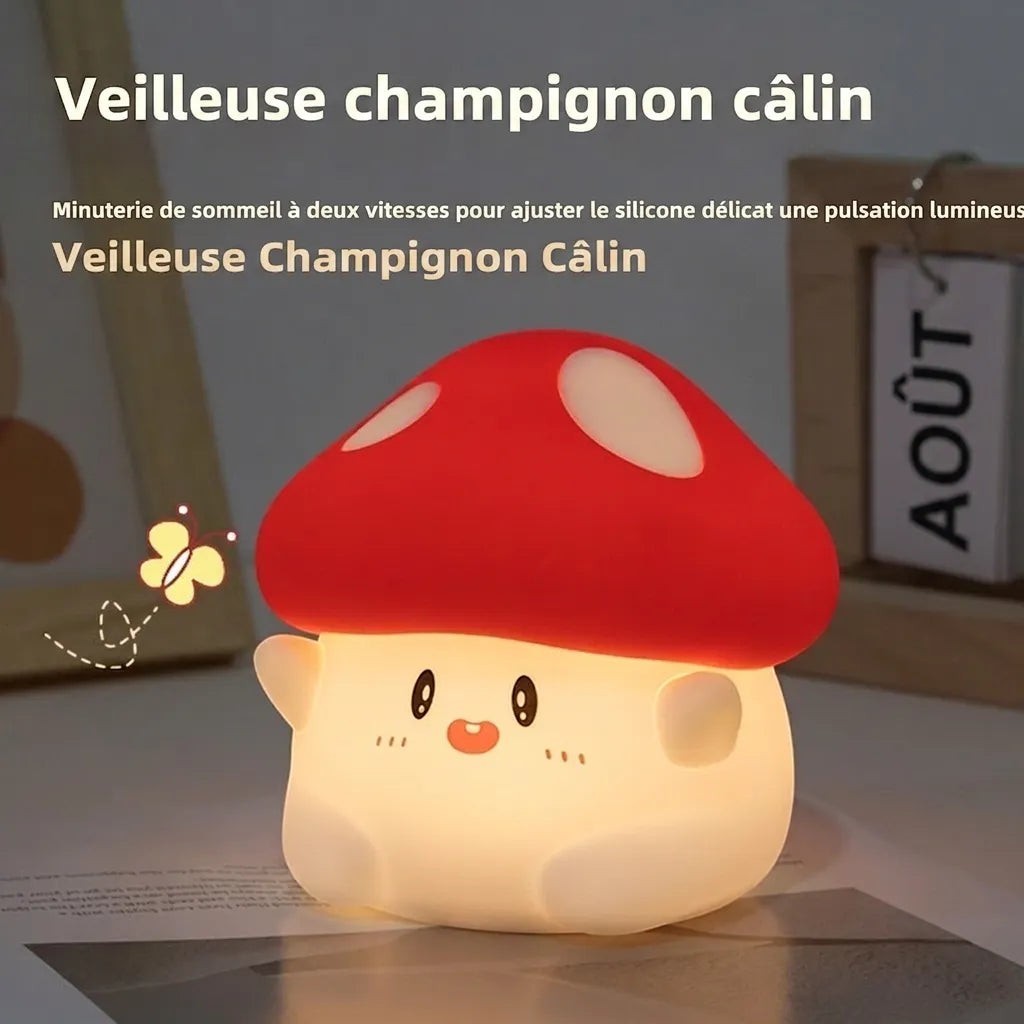 Veilleuse champignon Lumeoo en silicone souple rouge et blanc avec visage kawaii pour chambre de bébé