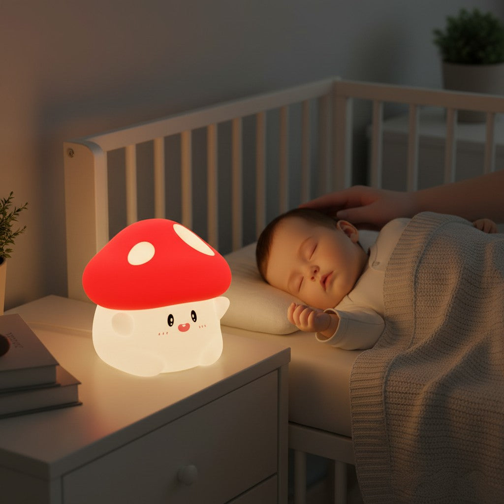 Veilleuse champignon Lumeoo en silicone souple avec éclairage rouge doux posée sur une table de chevet près d'un bébé