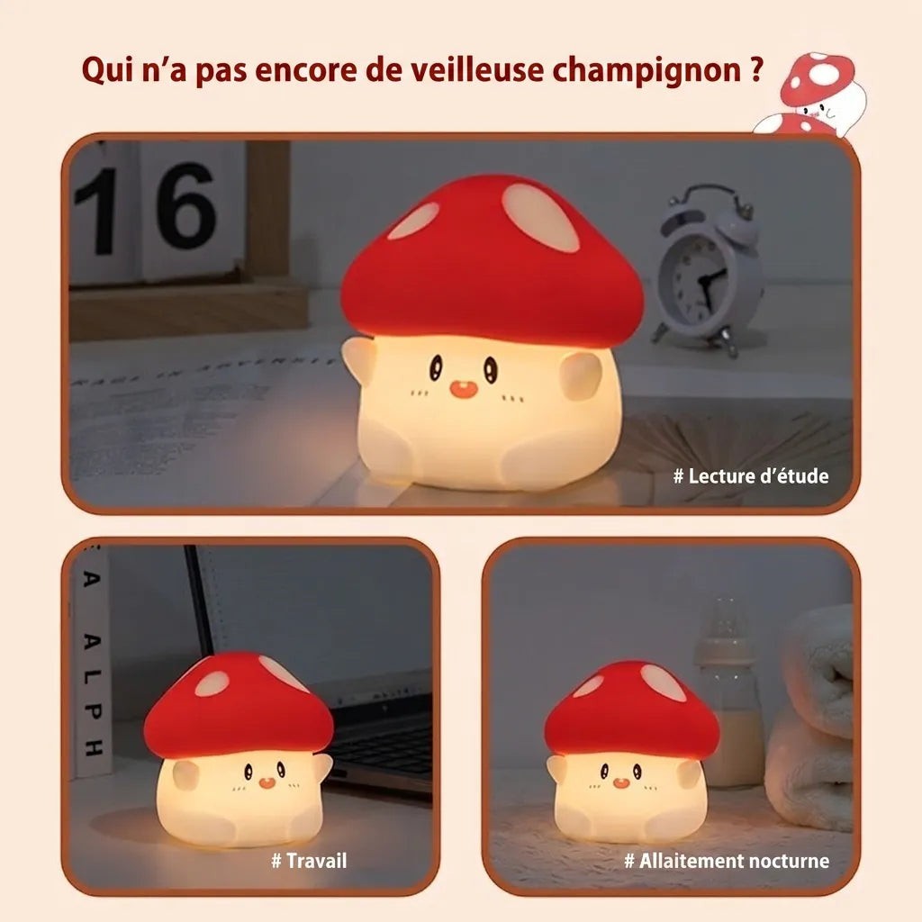 Veilleuse champignon Lumeoo en silicone souple avec éclairage LED doux, tactile et rechargeable pour chambre de bébé