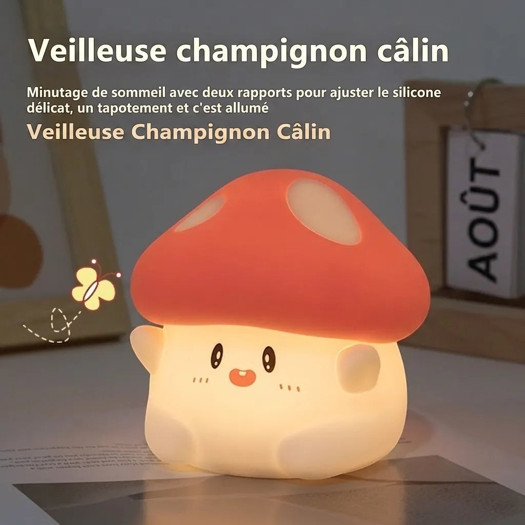 Veilleuse champignon Lumeoo en silicone souple avec visage kawaii, éclairage LED doux et tactile pour chambre de bébé