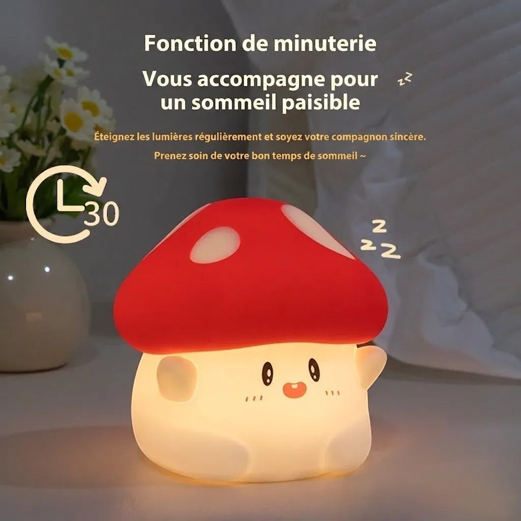Veilleuse champignon Lumeoo en silicone souple avec éclairage LED doux et fonction minuterie pour chambre de bébé