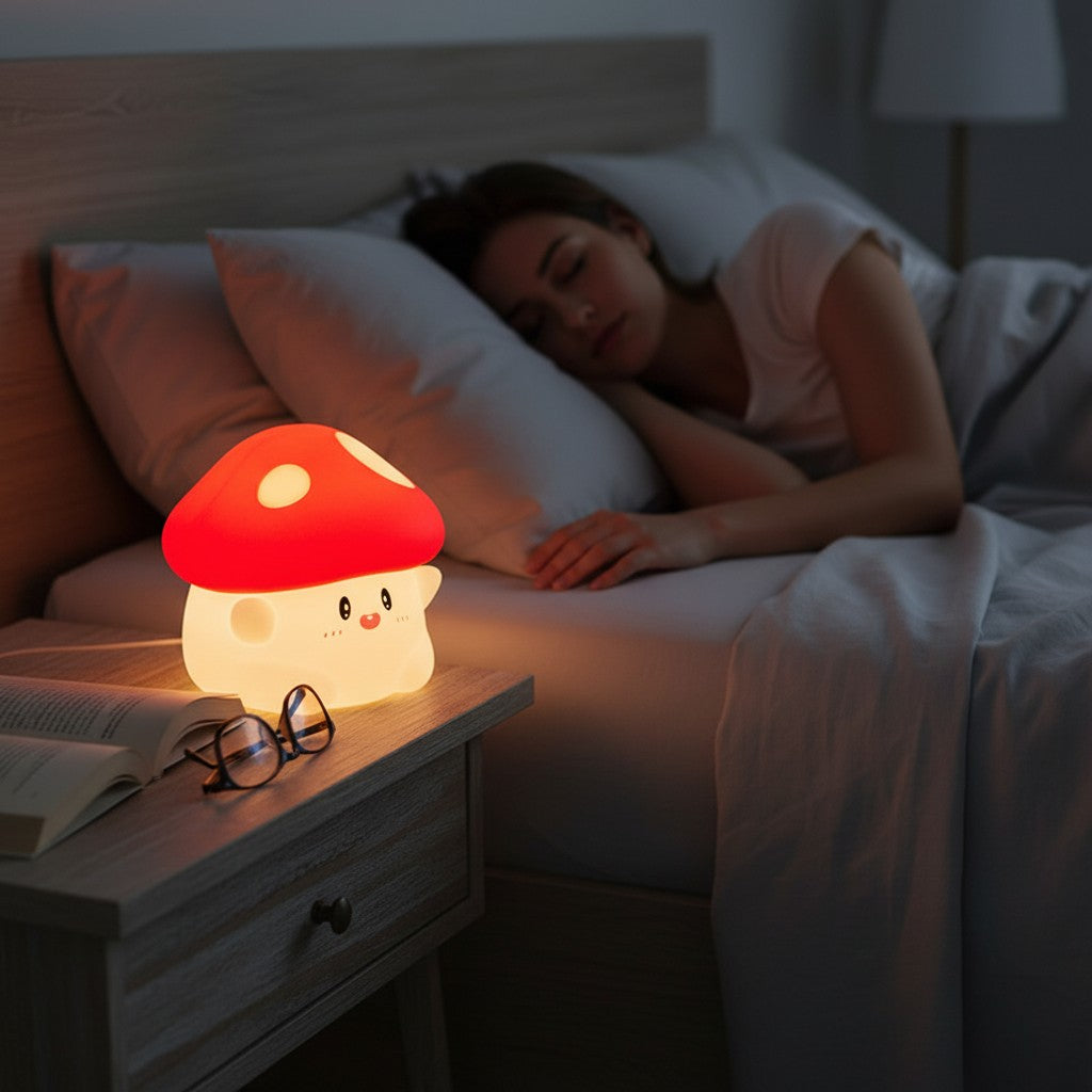 Veilleuse champignon Lumeoo en silicone tactile rouge et blanc posée sur une table de chevet près d'une femme endormie